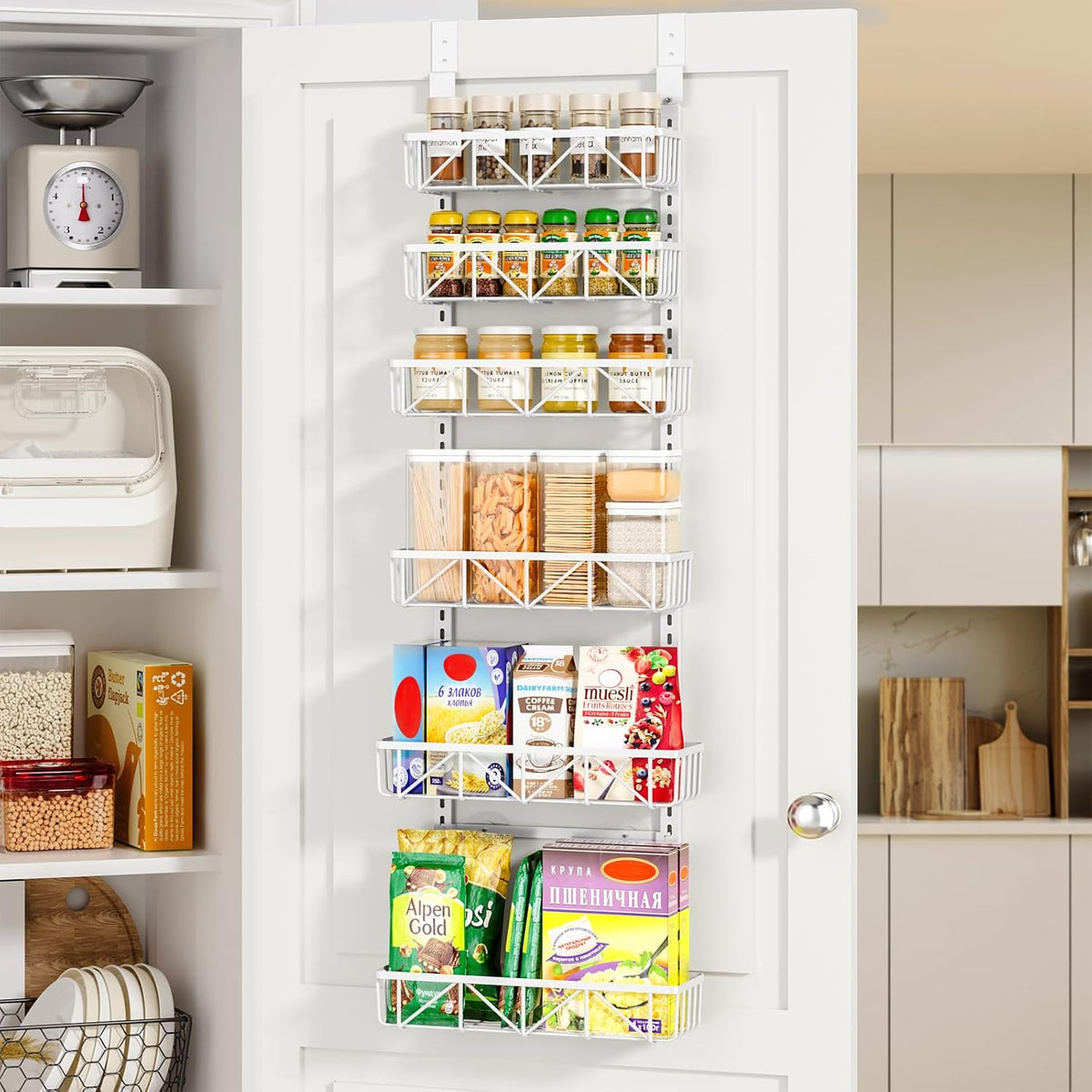 Delamu Narrow 9-Tier Over the Door Pantry Organizer, Adjustable Pantry Storage, Metal Hanging Spice Rack, Cabinet Door Organizer for Kitchen, Bathroom, Laundry Room