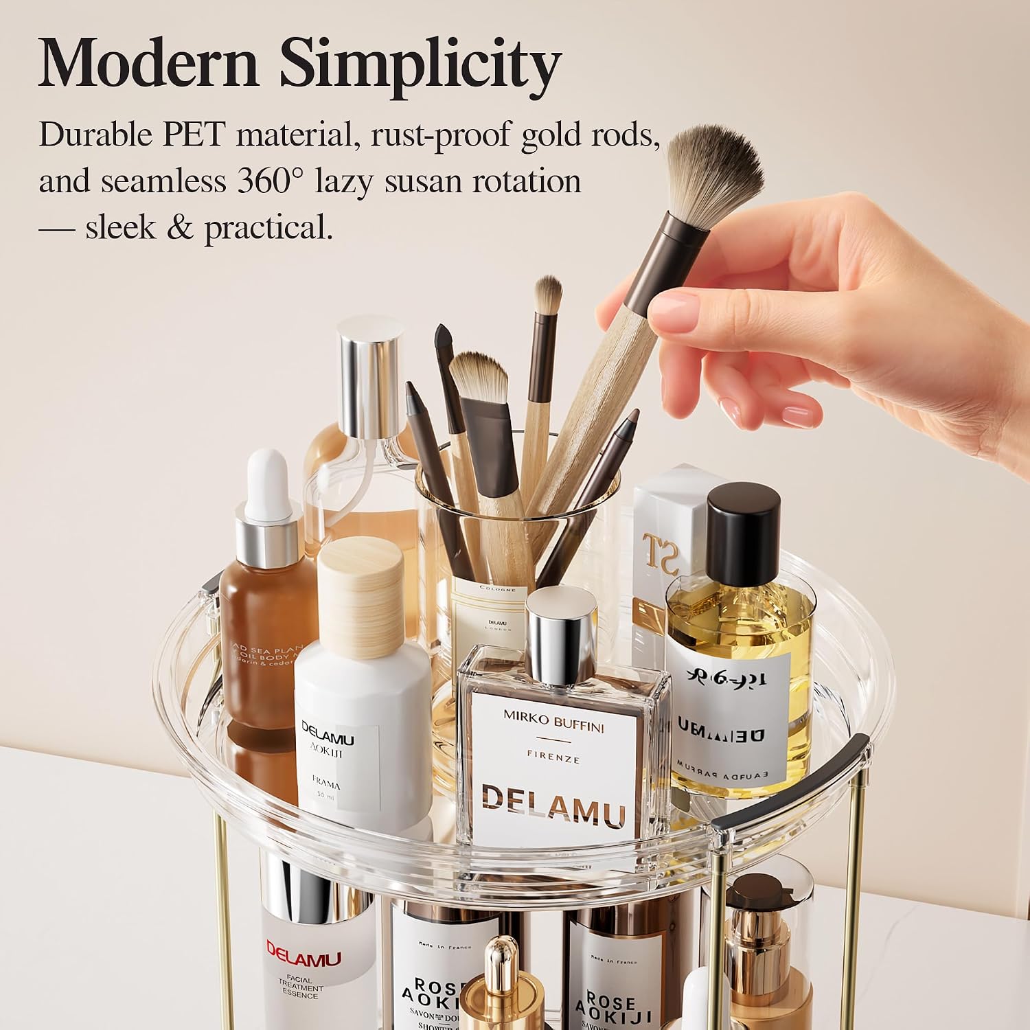 Delamu 2Tire 3 Tier Rotating Makeup Organizer for Vanity, Skincare Organizer for Bathroom Counter, Spinning Perfume Organizer Cosmetic Holder with Large Capacity, Grey