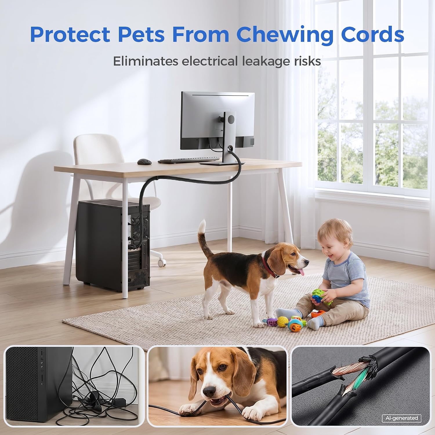 Delamu 10/30ft - 1/2 inch Cable Sleeve Cord Protector from Pets No Chew, Split-Braided PVC Wire Loom Tubing for Desk Computer USB TV Cord Organizer, Easy Set-up Cable Management Sleeve Kit, White, Black