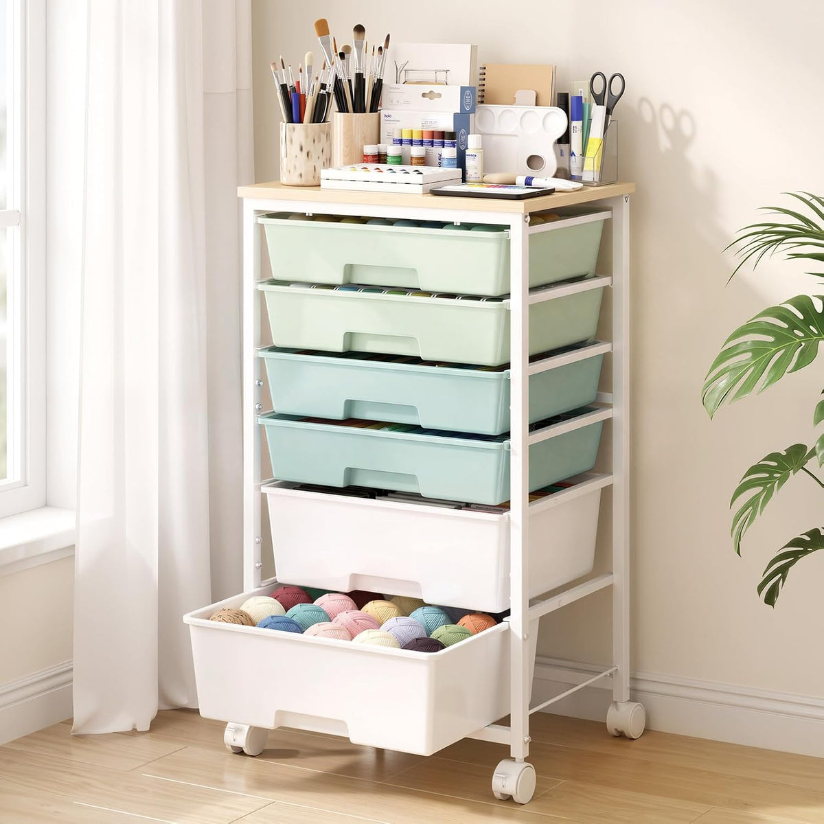 Delamu Rolling Storage Cart with 6/8 Drawers, Utility Craft Storage Cart | Storage Drawers Cart with Wooden Tabletop and Lockable Casters for Classroom Office Dorm Craft Art Supplie