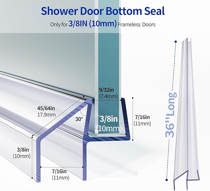 Delamu 3Pack Shower Door Bottom Seal 3/8" x 36", Clear Shower Door Sweep Strip, Frameless Glass Door Seal Strip for 3/8'' (10mm) Thick Doors Showers Water Guard Barrier