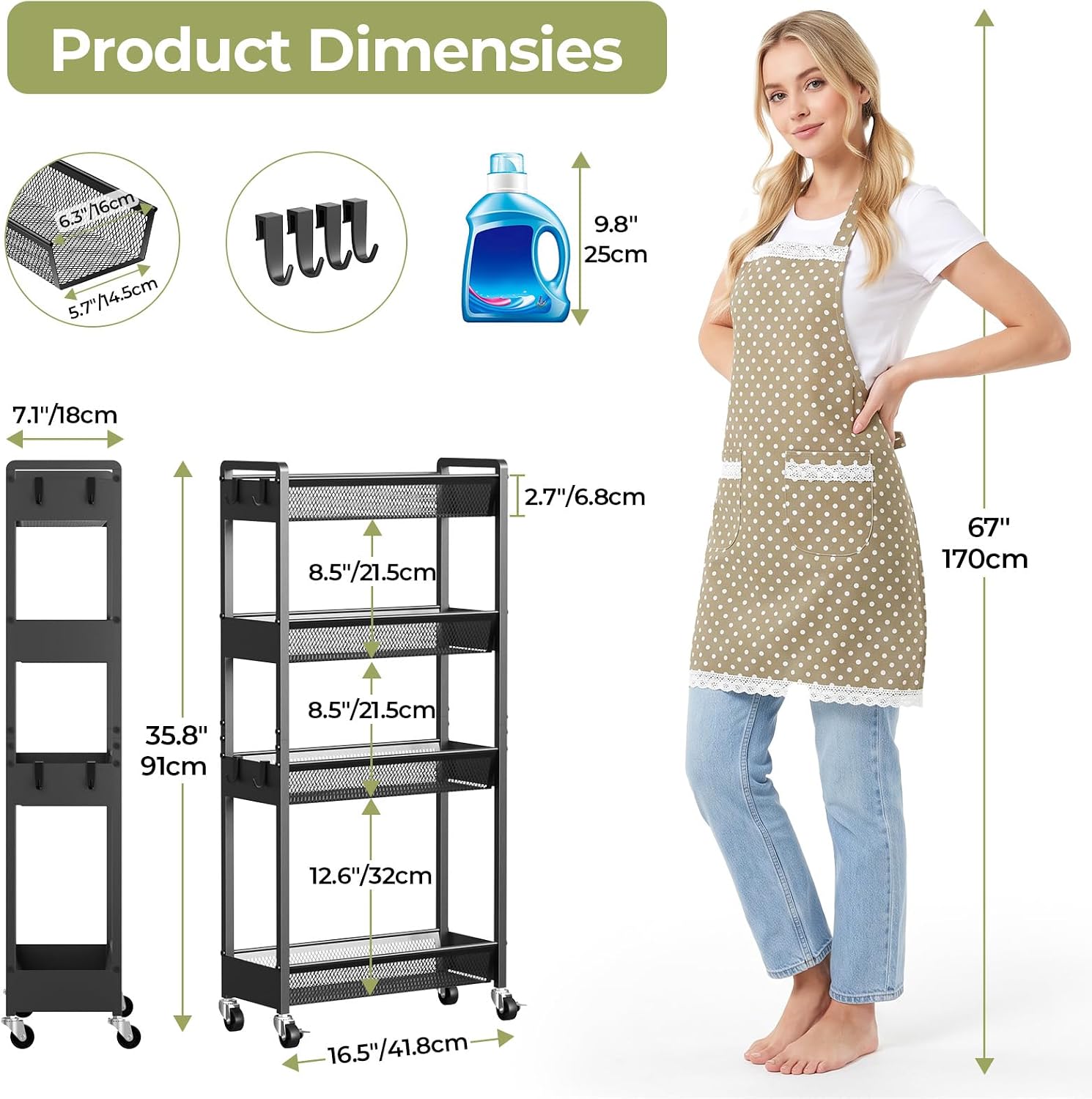 Delamu 4-6 Tier Slim Storage Rolling Cart, Utility Metal Narrow Cart 7.1" W