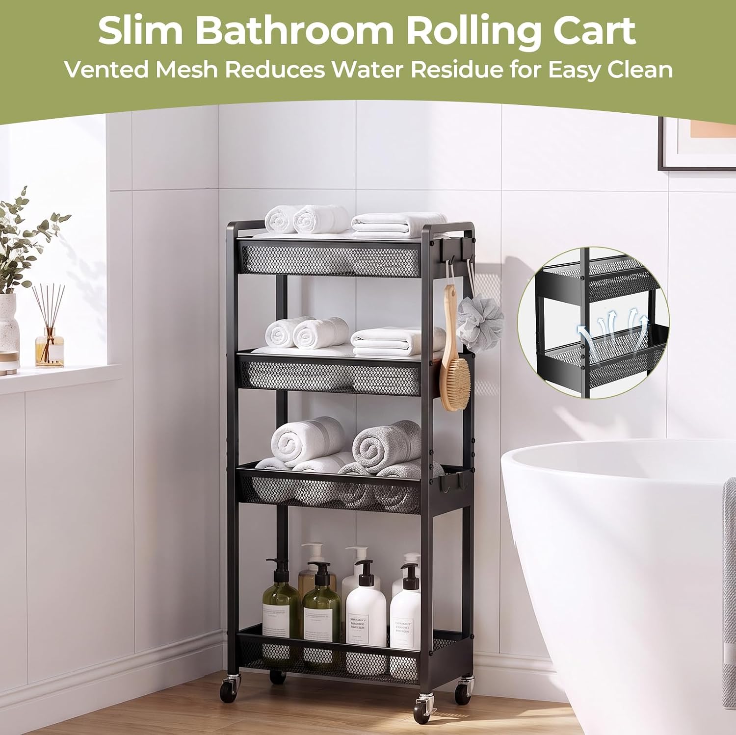 Delamu 4-6 Tier Slim Storage Rolling Cart, Utility Metal Narrow Cart 7.1" W
