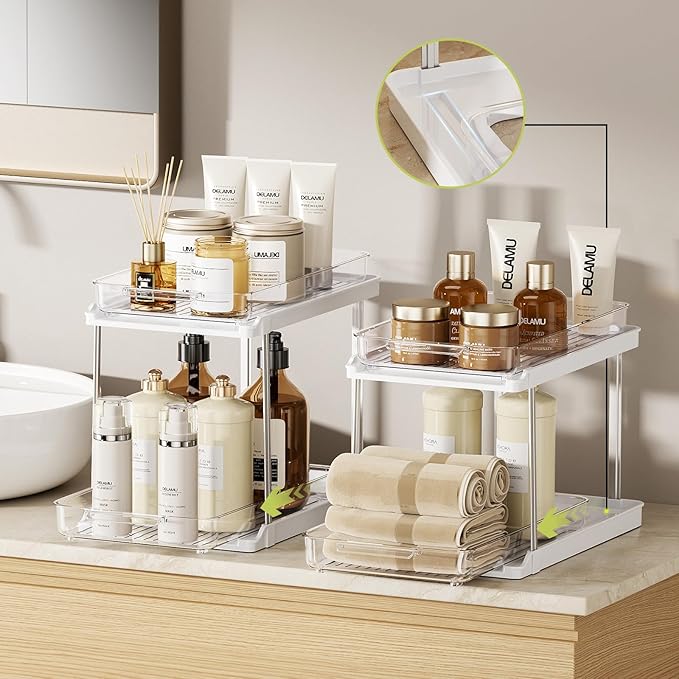 Delamu 2-Tier Bathroom Under Sink Organizers and Storage, Pull Out Cabinet Drawers with Anti-Slip Design, Multi-Purpose Storage for Kitchen, Pantry, Bathroom & Home Organization, 1 Pack