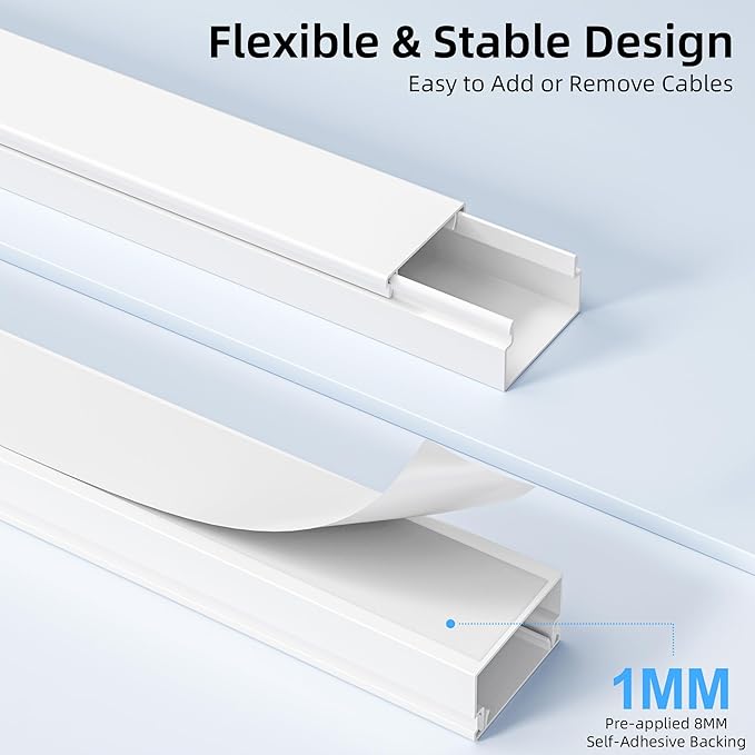 Delamu Cord Hider for Wall Mounted TV, 113.6in Paintable Cable Cover System, Self-Adhesive Cable Management Raceway Kit Hides 3-4 Wires, Baseboard Wire Hider Easy Installation, W 1.18 H 0.60in, White