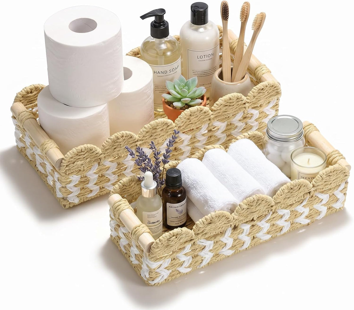 DELAMU Toilet Tank Paper Storage Baskets, 2 Pack (L+S) Bathroom Organizer, Scalloped Paper Rope Wicker Basket with Handles, for Boho Bedroom Countertop Living Room Kitchen Home Decor, White Patterned