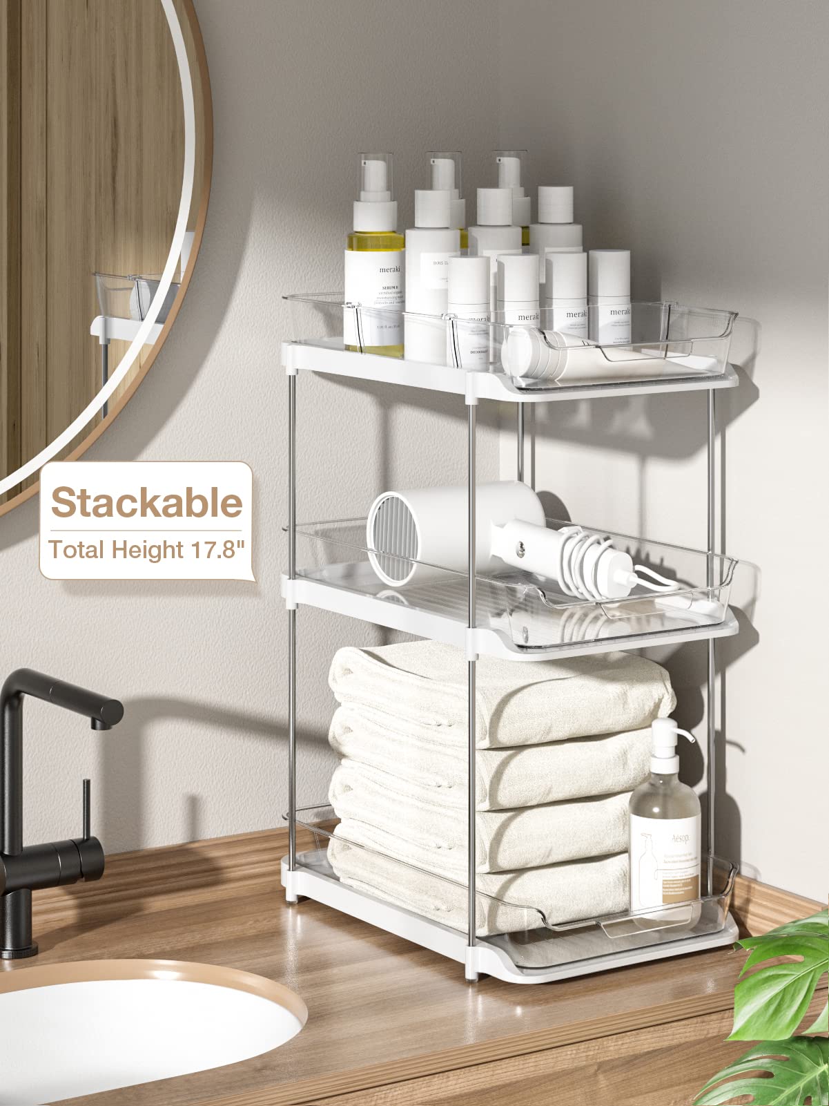 Delamu 2-Tier Bathroom Cabinet Organizer, Pull Out Under Sink Organizers,  Stackable Pantry Organization and Storage, Clear Under Cabinet Storage with