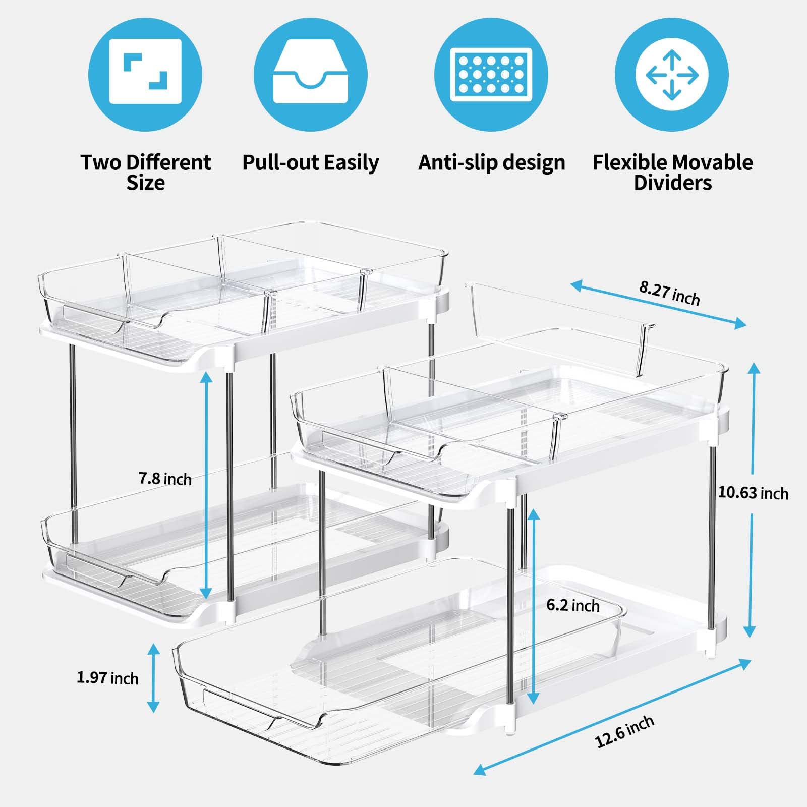 Clear Under Sink Organizers, Delamu 2-Tier Pull Out Bathroom Under Sink Storage  Stackable Kitchen Pantry Organization with 8 Movable Dividers, 2 Pack 