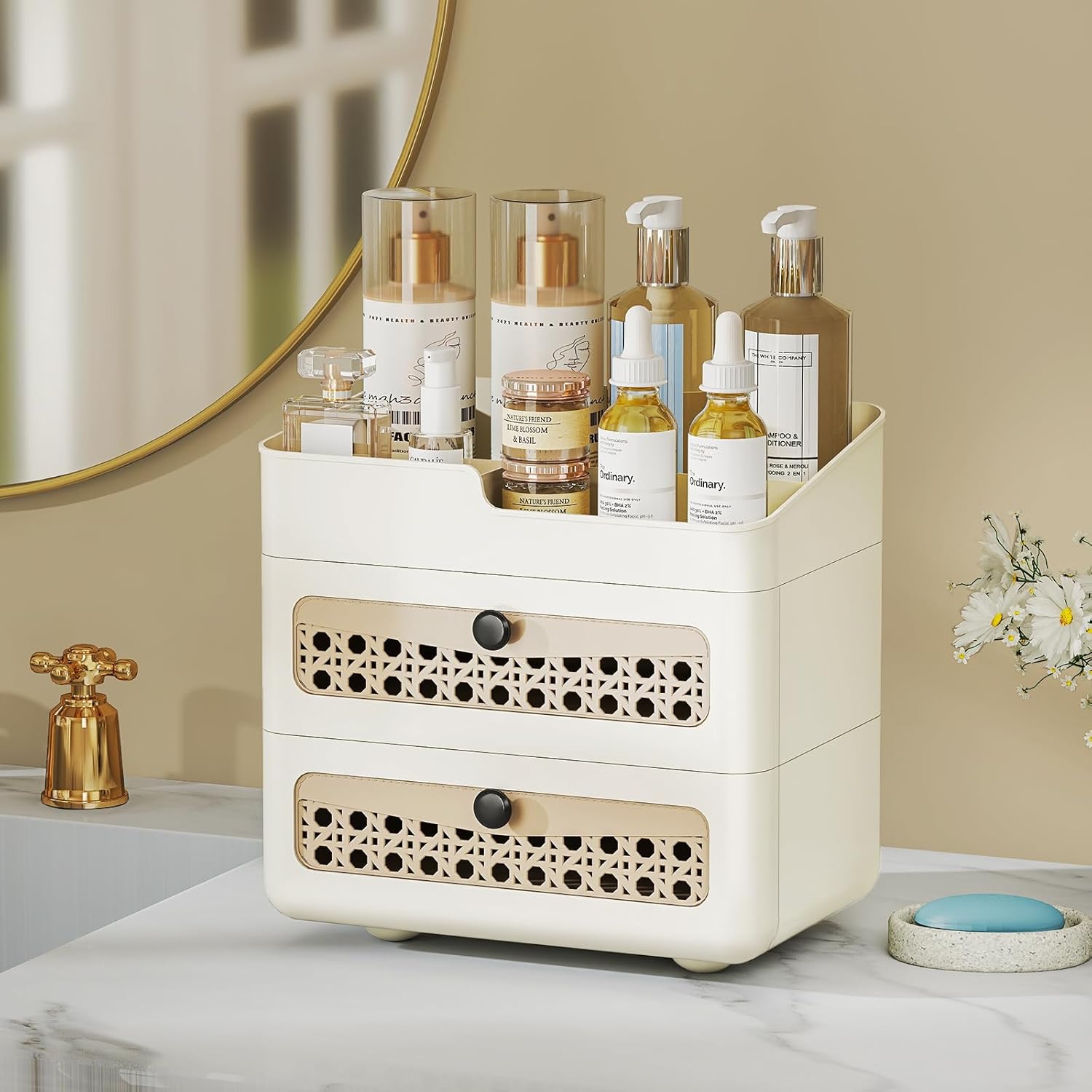 Faux Rattan Makeup Organizer