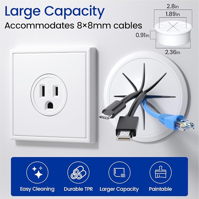DELAMU 4 Pack in Wall Cable Management kit, 2-3/8"(60mm Hole) Wall Grommets for Cables to Hide TV Cords, Includes 4 Wall Cable Pass Throughs, 1 Hole Saw and 2 Dust Bag Easy Install, White