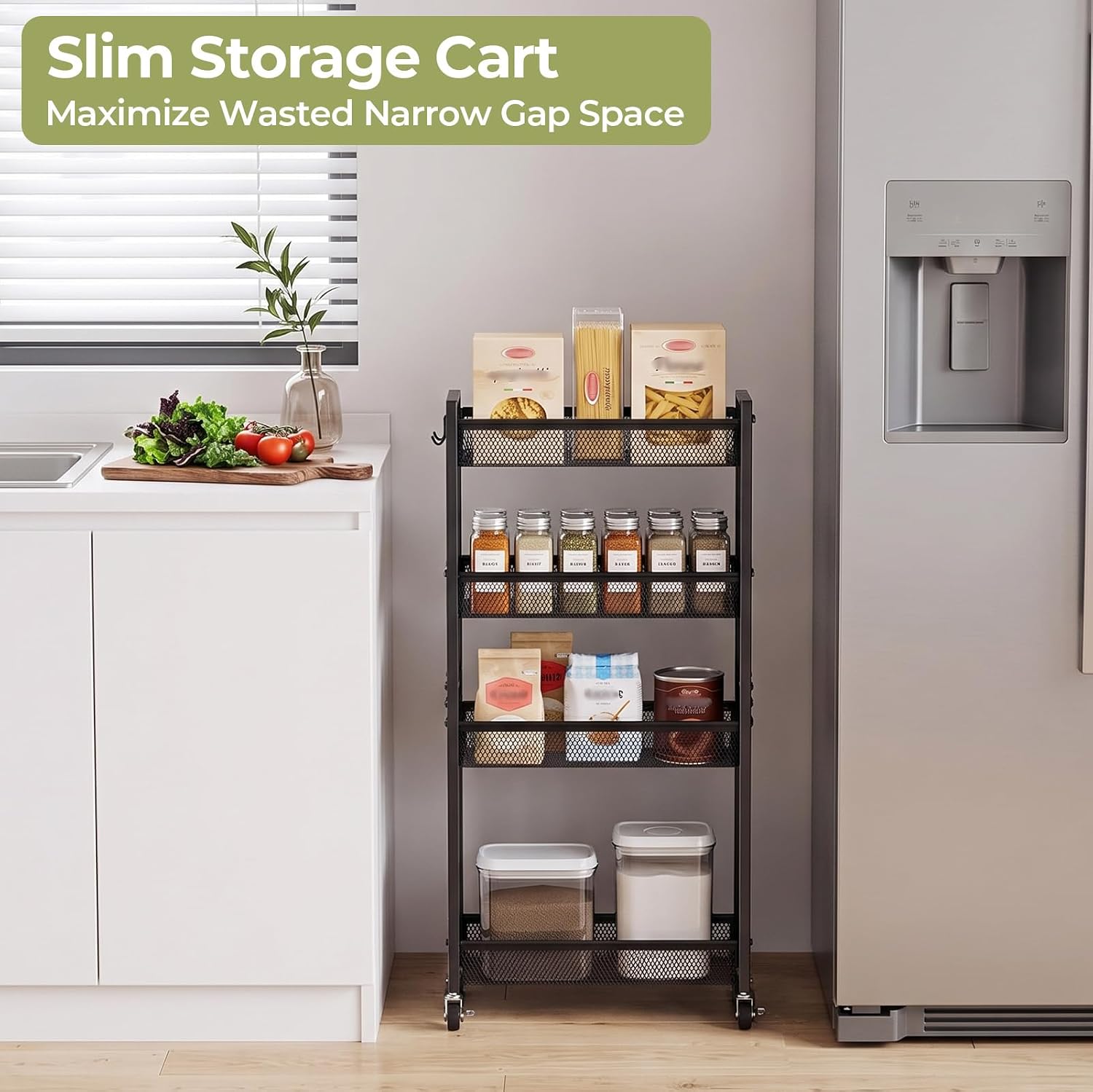 Delamu 4-6 Tier Slim Storage Rolling Cart, Utility Metal Narrow Cart 7.1" W