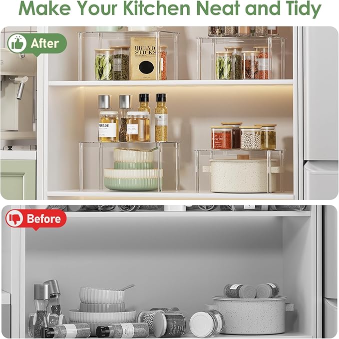 Delamu Cabinet Shelves, Clear Stackable Acrylic Storage Risers with Heavy Duty Support, Cabinet Organizer Shelf for Spices, Seasonings, Jars, Pantry, Kitchen Counter, Easy Assembly