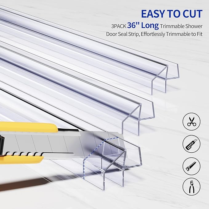 Delamu 3Pack Shower Door Bottom Seal 3/8" x 36", Clear Shower Door Sweep Strip, Frameless Glass Door Seal Strip for 3/8'' (10mm) Thick Doors Showers Water Guard Barrier