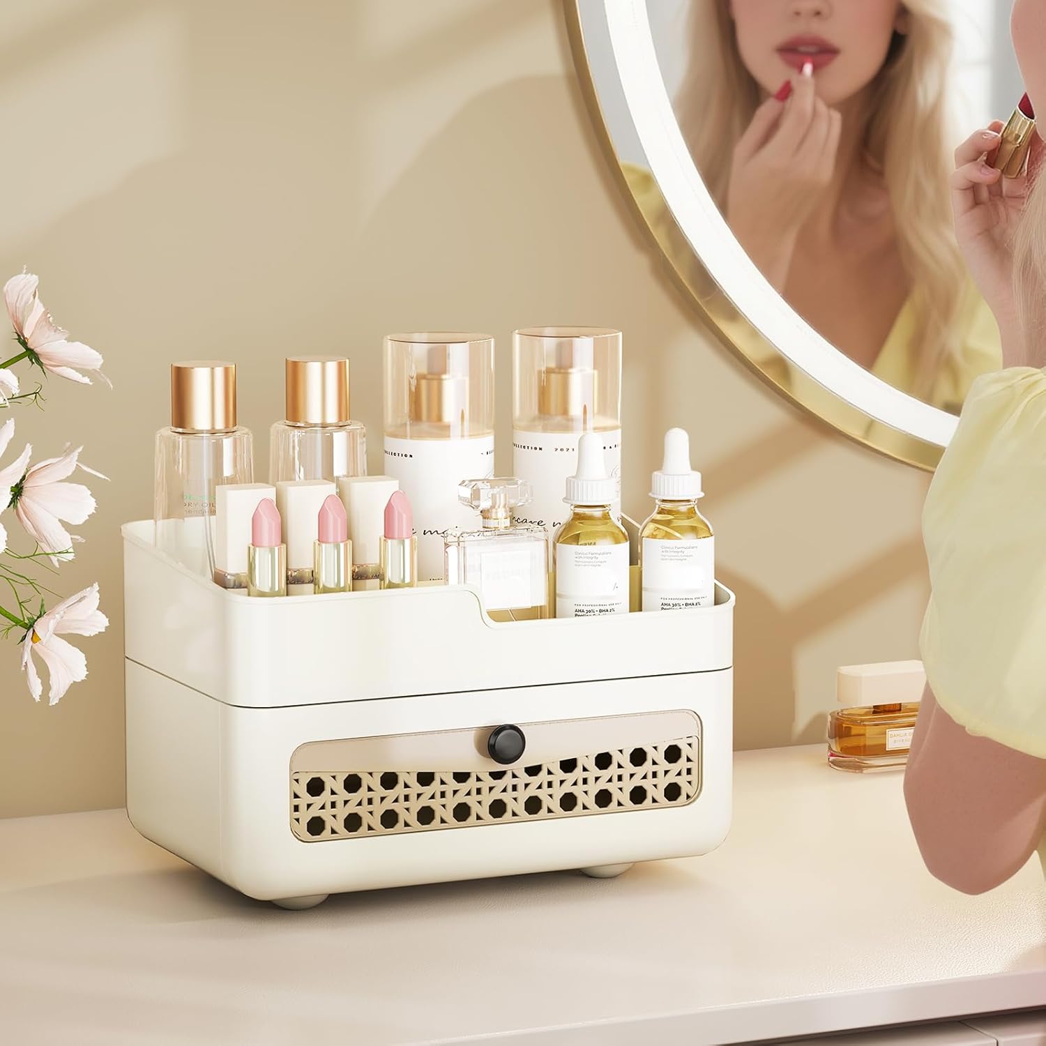 Faux Rattan Makeup Organizer