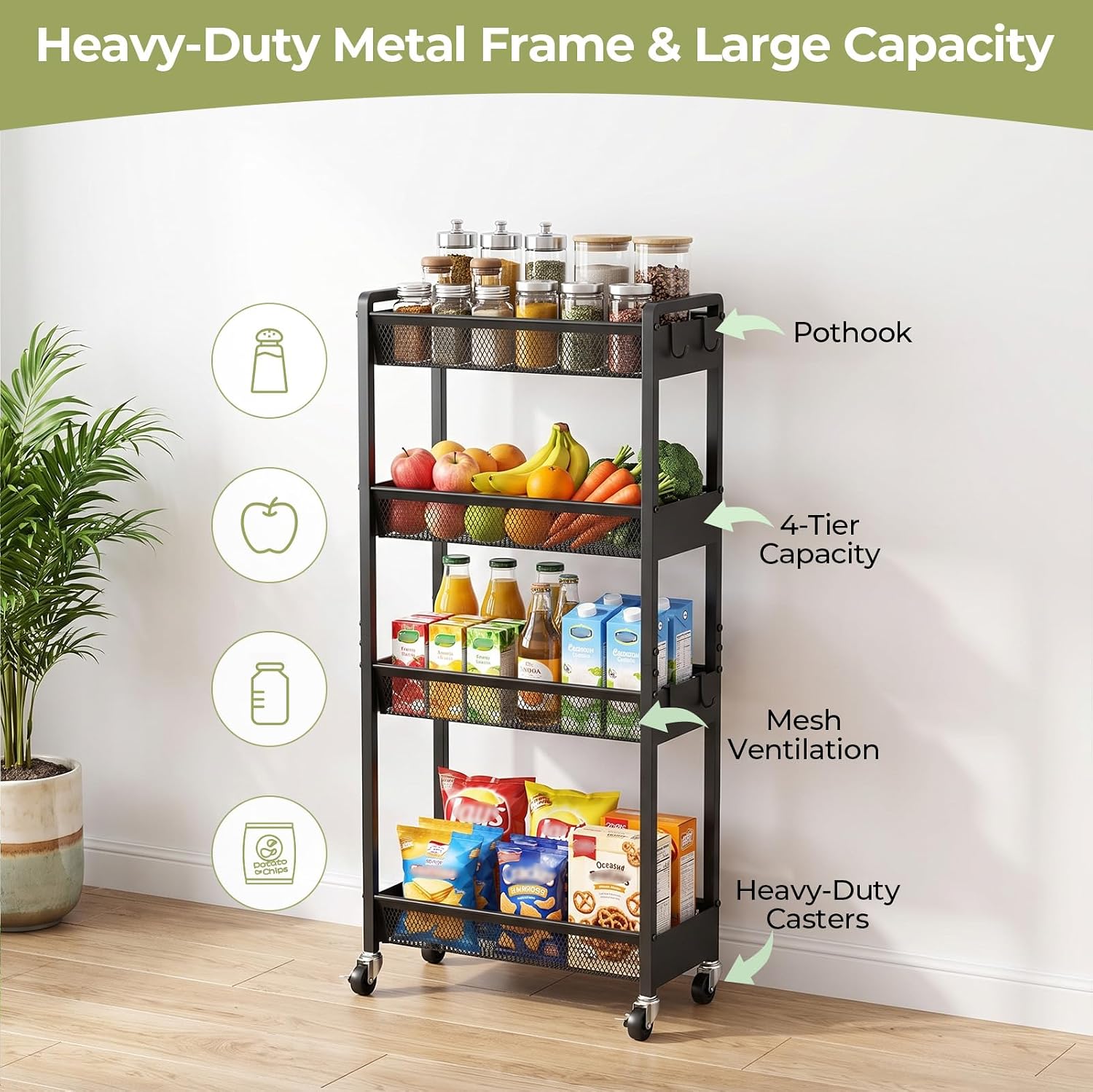 Delamu 4-6 Tier Slim Storage Rolling Cart, Utility Metal Narrow Cart 7.1" W