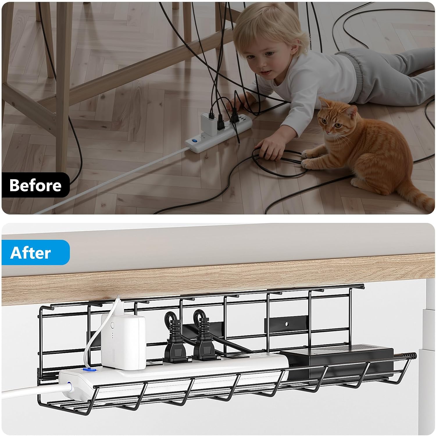 DELAMU 1 Pack Under Desk Cable Management Tray, Black | Metal Wire Organizer for Desk, Easy Install Pre-drilled, Holds 15lb, Wire Management Wire Organizer, For Office & Home