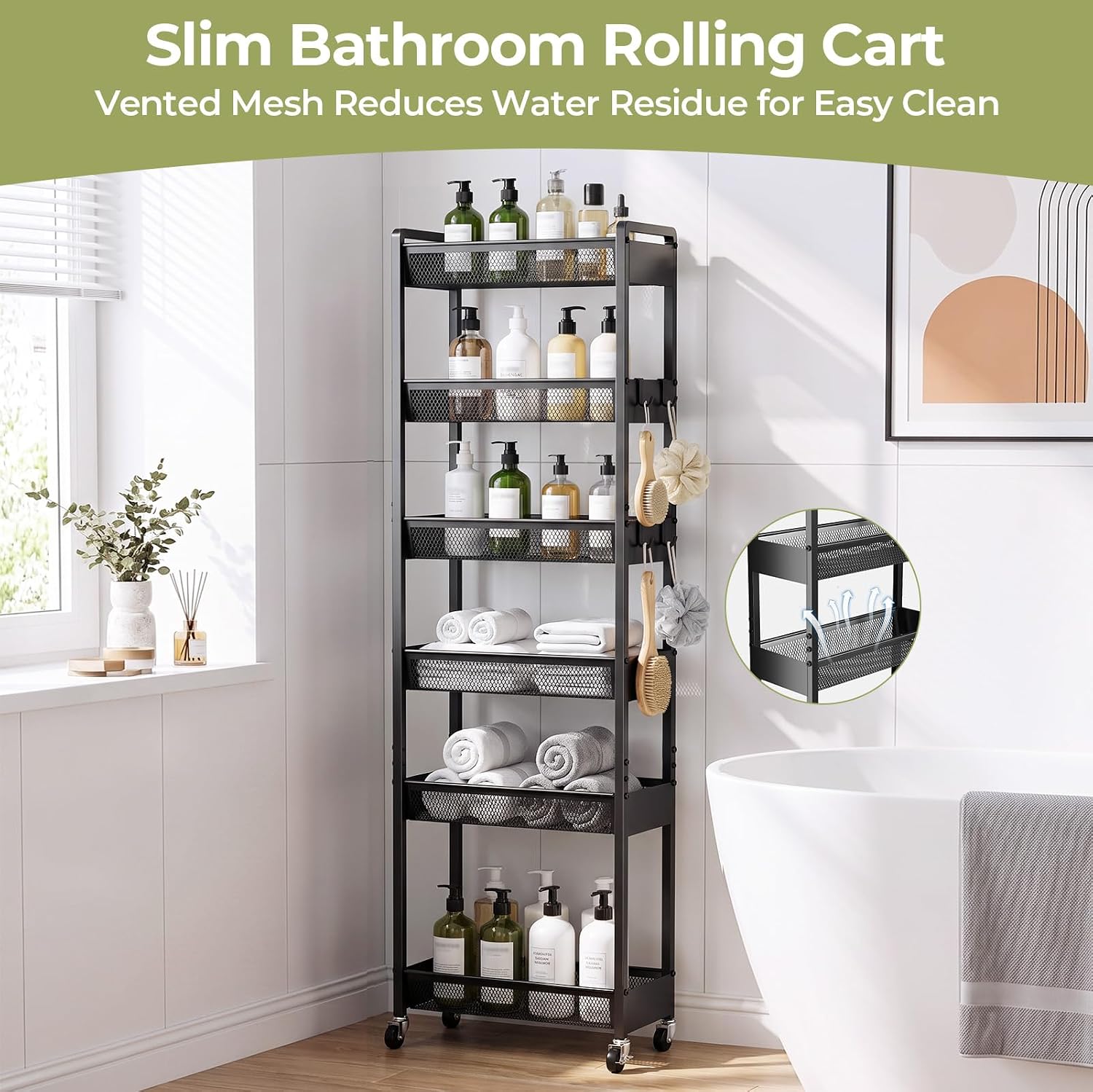 Delamu 4-6 Tier Slim Storage Rolling Cart, Utility Metal Narrow Cart 7.1" W