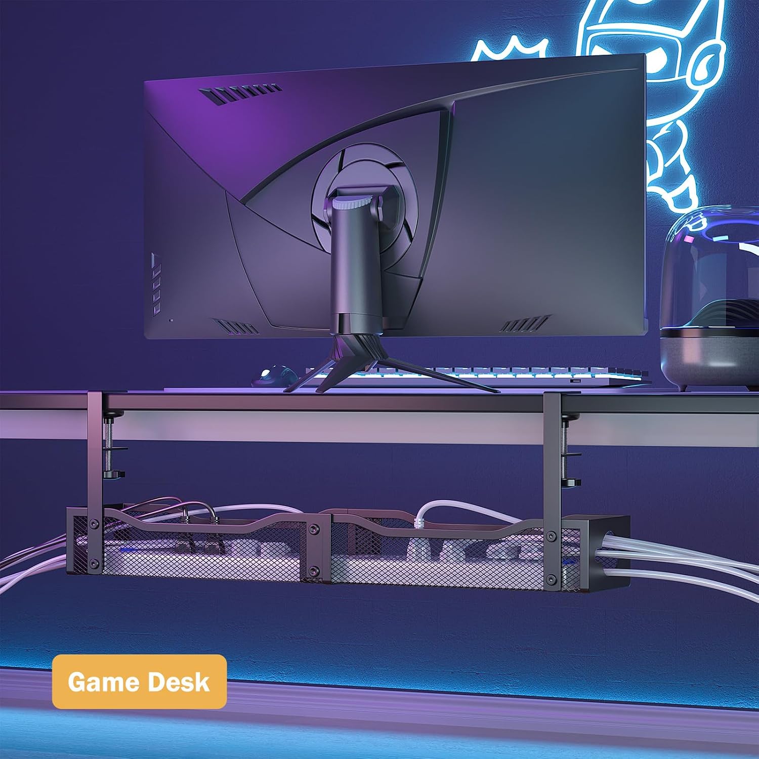 DELAMU 25'' Upgraded Under Desk Cable Management, No Dill Desk Cable Management with F-Clamp, Metal Cable Management Tray to Cord Management for Home Office, Black