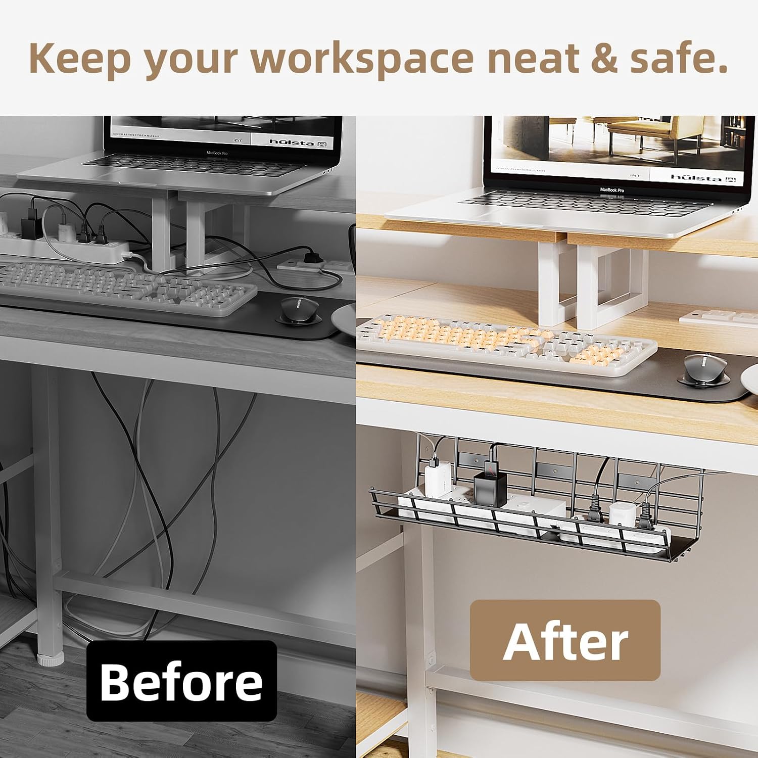 1 Pack DELAMU Under Desk Cable Management Tray, Large Metal Cord Organizer, Office & Home Cord Wire Management Under Desk Shelf, Easy Install Pre-drilled Cable Organizer, Black