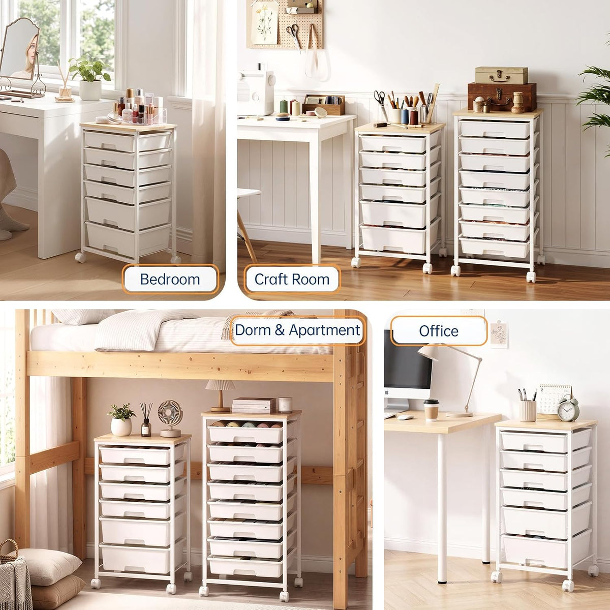 Delamu Rolling Storage Cart with 6/8 Drawers, Utility Craft Storage Cart | Storage Drawers Cart with Wooden Tabletop and Lockable Casters for Classroom Office Dorm Craft Art Supplie