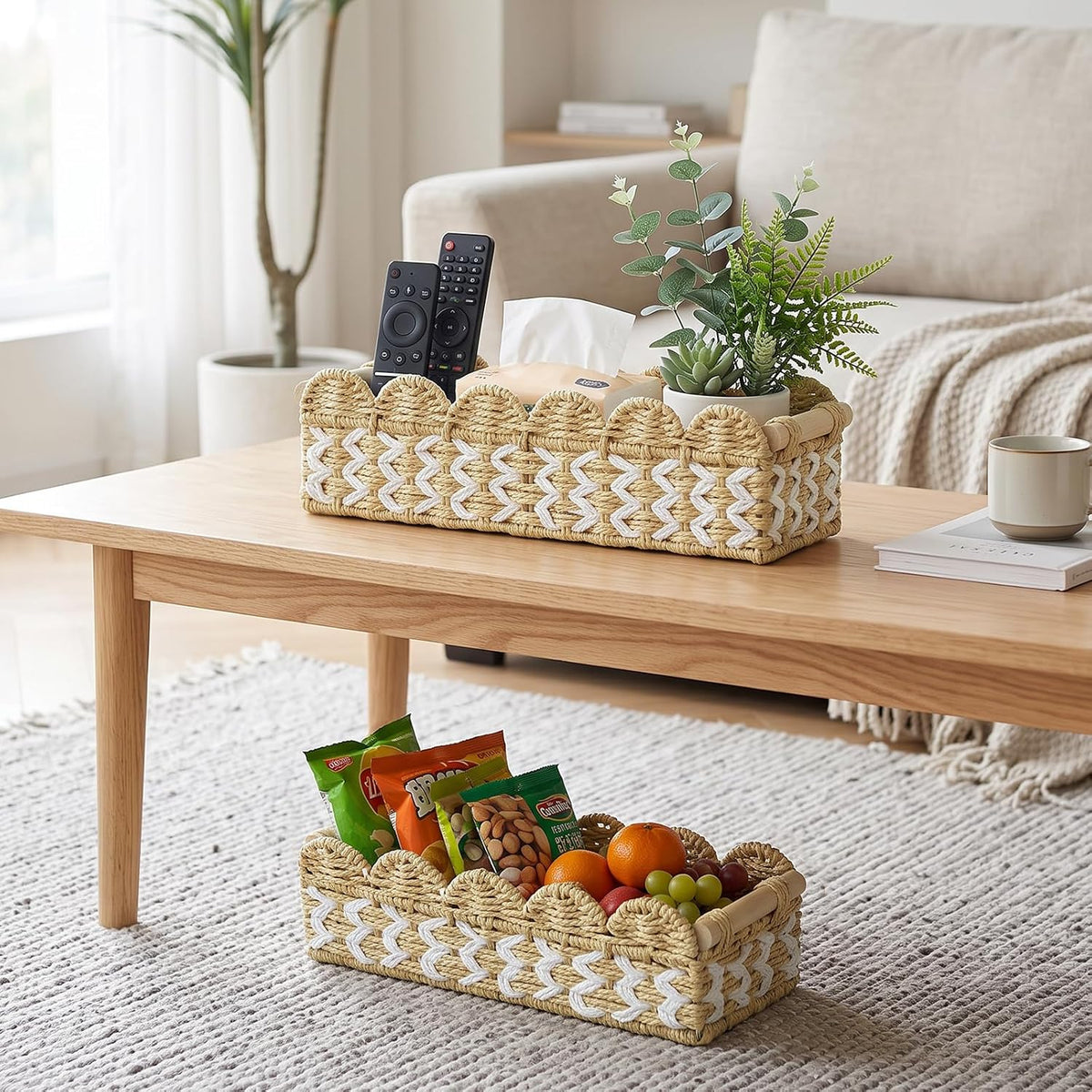 DELAMU Toilet Tank Paper Storage Baskets, 2 Pack (L+S) Bathroom Organizer, Scalloped Paper Rope Wicker Basket with Handles, for Boho Bedroom Countertop Living Room Kitchen Home Decor, White Patterned