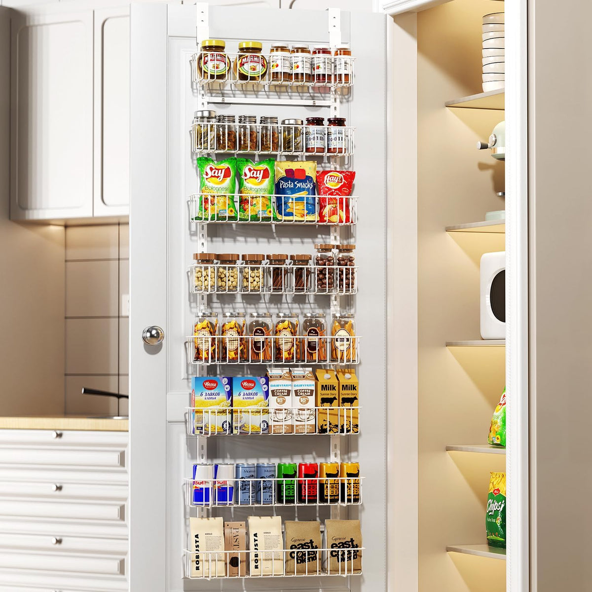 Delamu Pantry Door Organizer, Adjustable Metal Over the Door Pantry Organizer Rack, 6-Tier/8-Tire Over the Door Spice Rack, Kitchen Pantry Door Organizers and Storage, D5 W12 H52.1 inch, White, Small