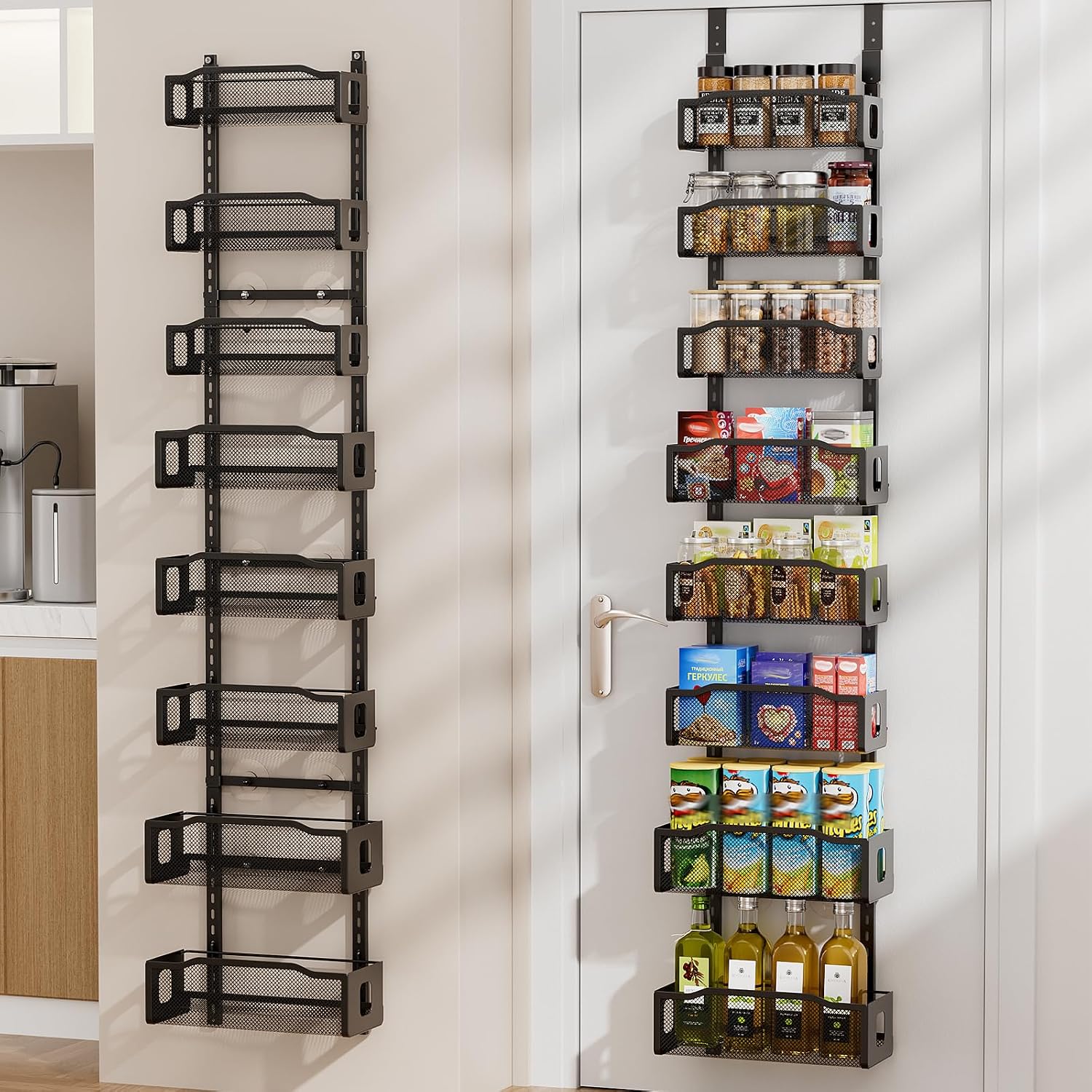 Delamu 8 Tier Over the Door Pantry Organizer, 2in1 Hanging or Wall Mount Spice Rack Seasoning, Adjustable Heavy-Duty Narrow Pantry Door Organizer and Storage for Kitchen Cabinet and Bathroom,12" White