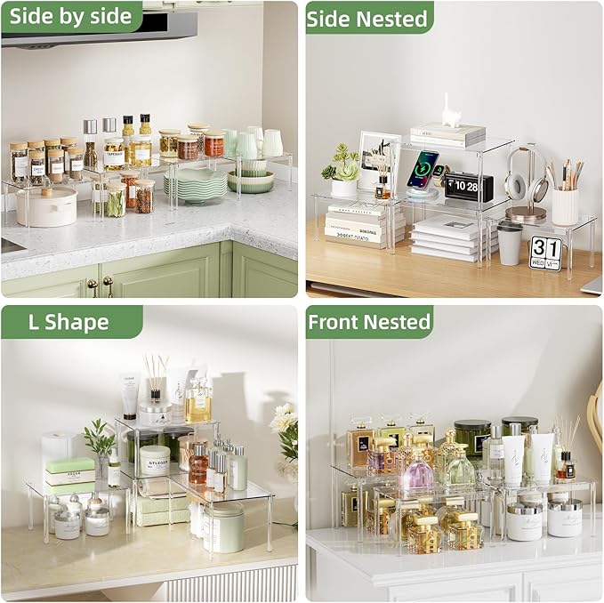 Delamu Cabinet Shelves, Clear Stackable Acrylic Storage Risers with Heavy Duty Support, Cabinet Organizer Shelf for Spices, Seasonings, Jars, Pantry, Kitchen Counter, Easy Assembly