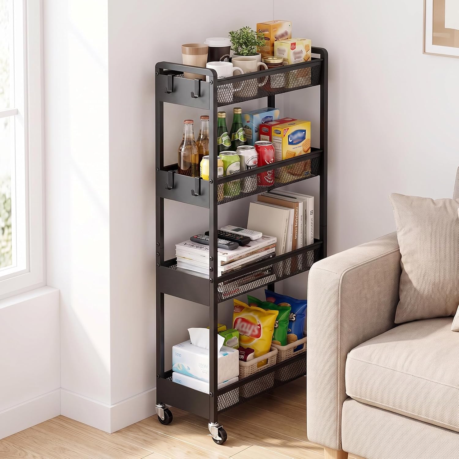Delamu 4-6 Tier Slim Storage Rolling Cart, Utility Metal Narrow Cart 7.1" W