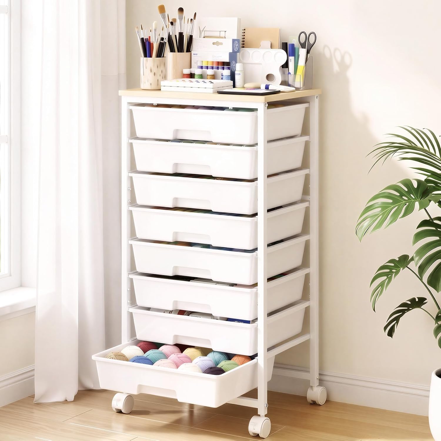 Delamu Rolling Storage Cart with 6/8 Drawers, Utility Craft Storage Cart | Storage Drawers Cart with Wooden Tabletop and Lockable Casters for Classroom Office Dorm Craft Art Supplie