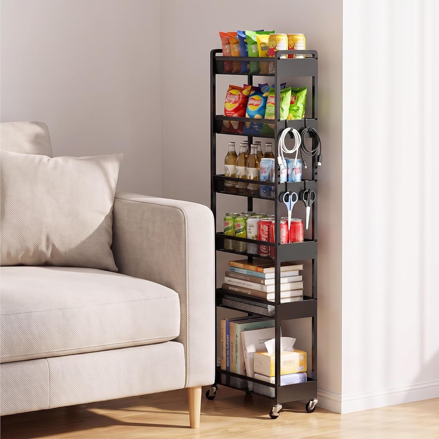 Delamu 4-6 Tier Slim Storage Rolling Cart, Utility Metal Narrow Cart 7.1" W