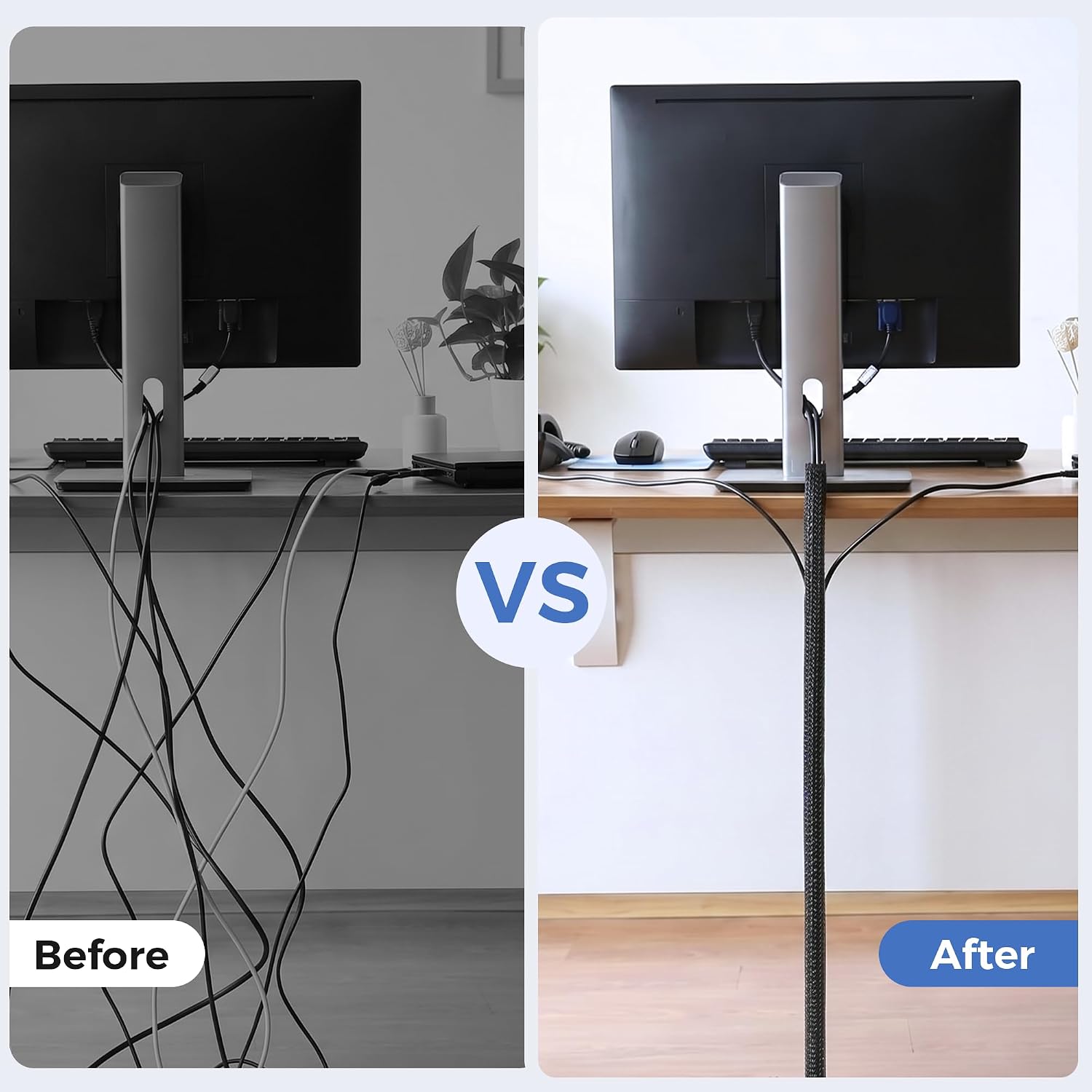 Delamu 10/30ft - 1/2 inch Cable Sleeve Cord Protector from Pets No Chew, Split-Braided PVC Wire Loom Tubing for Desk Computer USB TV Cord Organizer, Easy Set-up Cable Management Sleeve Kit, White, Black