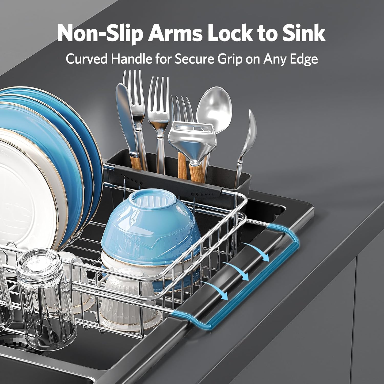Delamu Over The Sink Dish Drying Rack for Small Kitchen | Expandable Stainless Steel in Sink Dish Drainer, Dish Rack for Kitchen Inside Sink with Utensil Holder, Rustproof, Small