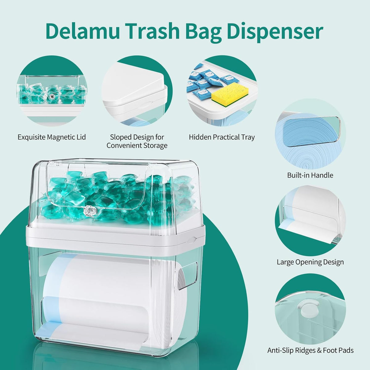 Delamu 3 In 1 Trash Bag Holder Dishwasher Pod Holder With Moistureproof Lid | Stackable Trash Bag Dispenser Garbage Bag Dispenser, Clear Storage Bins Laundry Pods Container for Under Sink Laundry Room