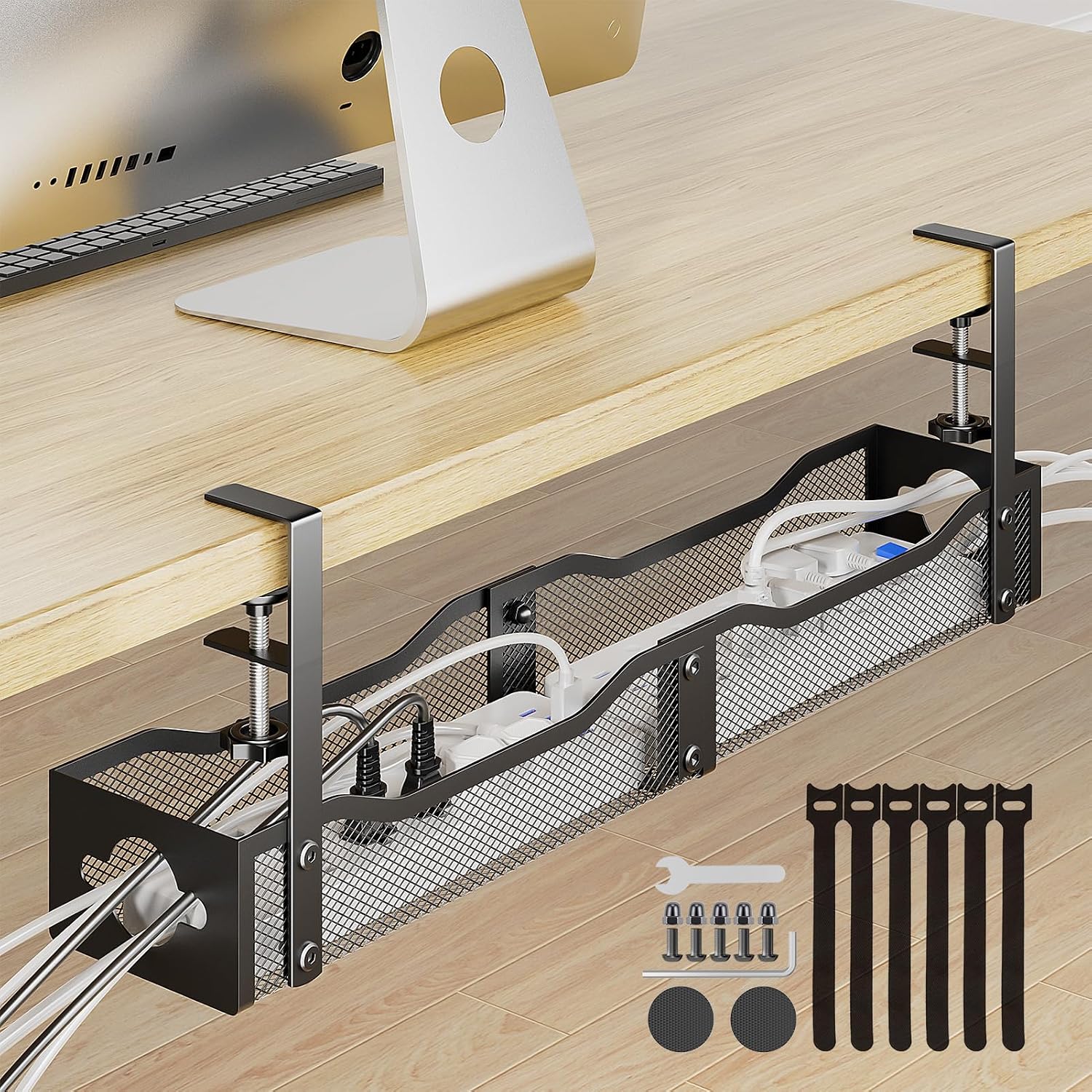 DELAMU 25'' Upgraded Under Desk Cable Management, No Dill Desk Cable Management with F-Clamp, Metal Cable Management Tray to Cord Management for Home Office, Black