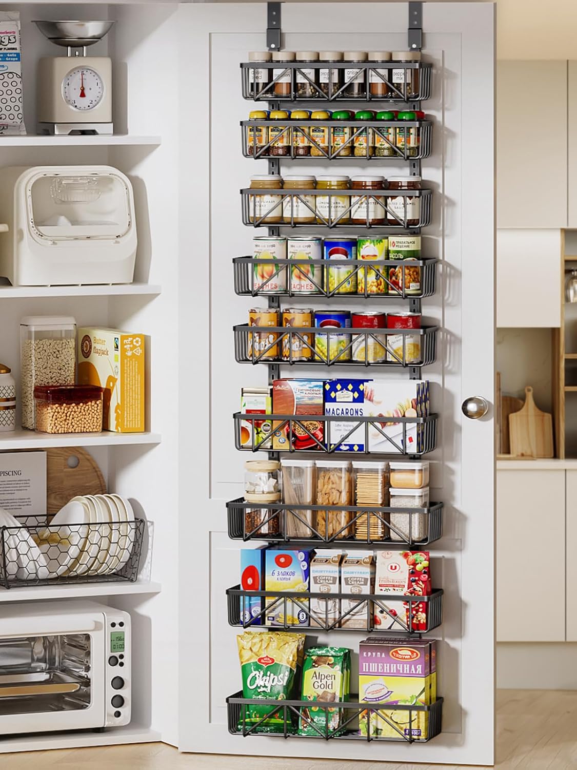 Delamu Narrow 9-Tier Over the Door Pantry Organizer, Adjustable Pantry Storage, Metal Hanging Spice Rack, Cabinet Door Organizer for Kitchen, Bathroom, Laundry Room