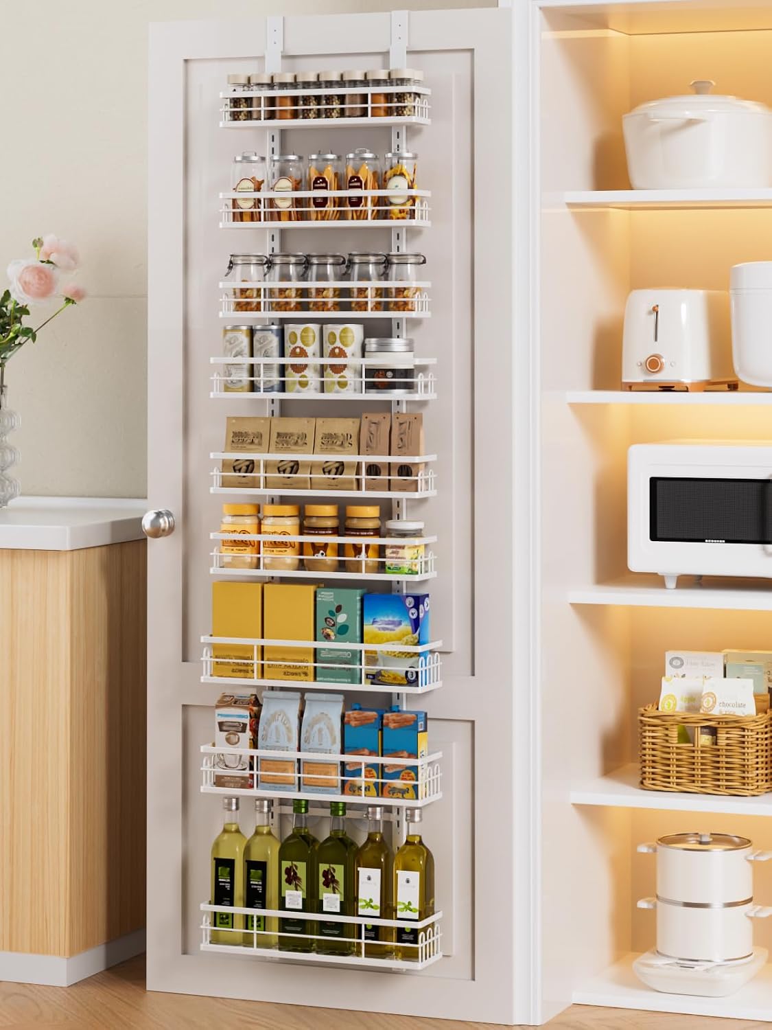 Delamu 9-Tier Over the Door Pantry Organizer, Adjustable Pantry Door Organizers and Storage, Metal Hanging Basket Wall Spice Rack Seasoning Organizer, Door Organizer Kitchen Bedroom Bathroom