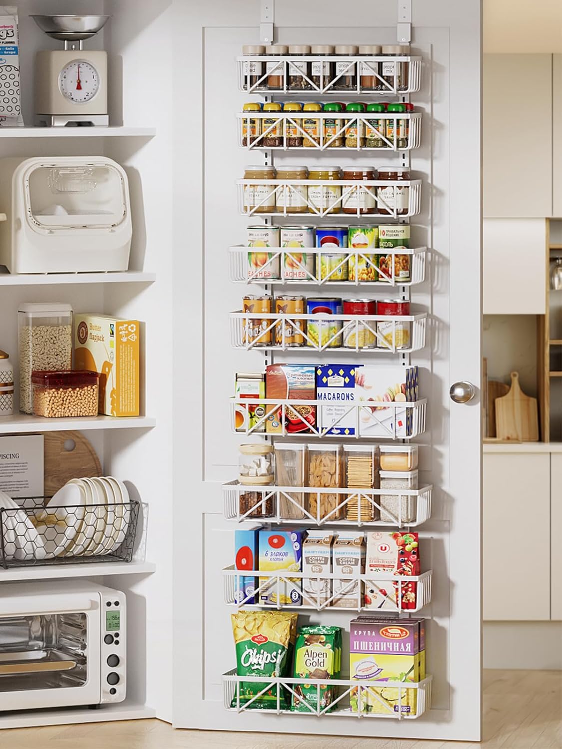 Delamu Narrow 9-Tier Over the Door Pantry Organizer, Adjustable Pantry Storage, Metal Hanging Spice Rack, Cabinet Door Organizer for Kitchen, Bathroom, Laundry Room