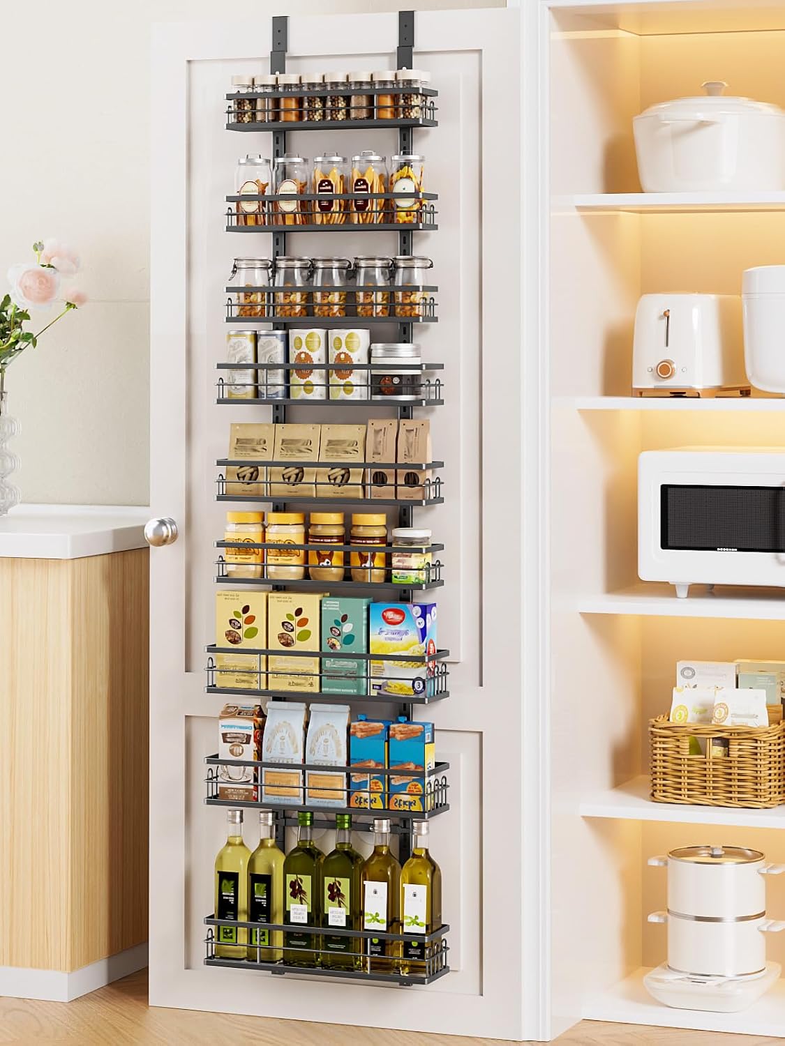 Delamu 9-Tier Over the Door Pantry Organizer, Adjustable Pantry Door Organizers and Storage, Metal Hanging Basket Wall Spice Rack Seasoning Organizer, Door Organizer Kitchen Bedroom Bathroom
