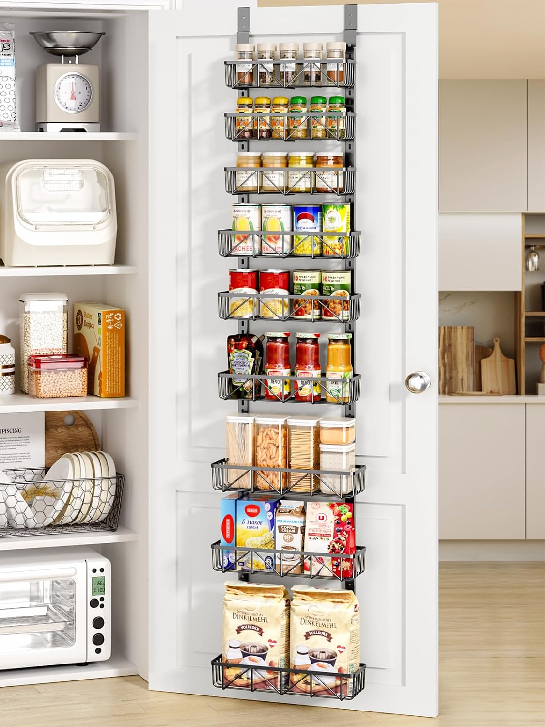 Delamu Narrow 9-Tier Over the Door Pantry Organizer, Adjustable Pantry Storage, Metal Hanging Spice Rack, Cabinet Door Organizer for Kitchen, Bathroom, Laundry Room