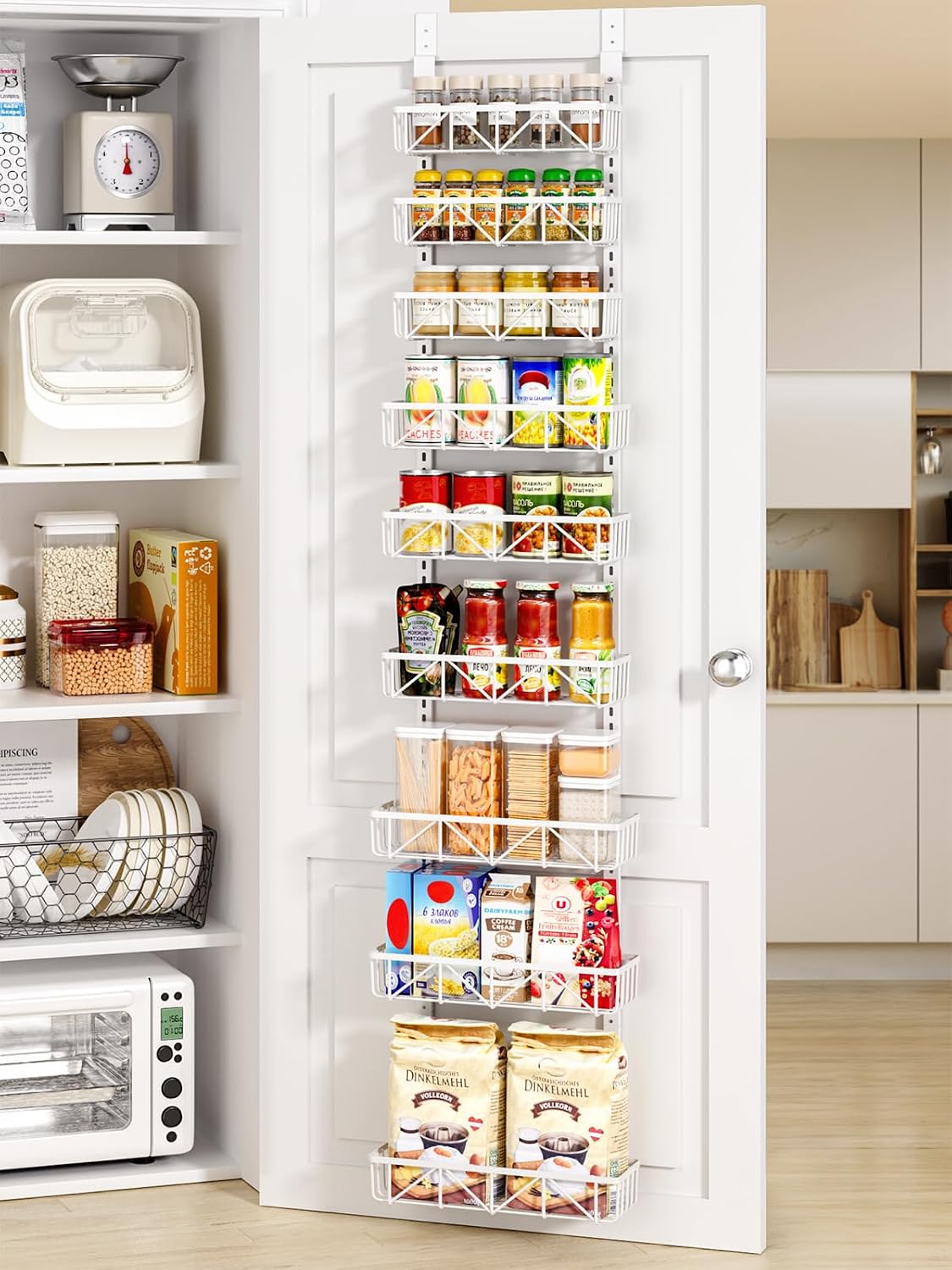 Delamu Narrow 9-Tier Over the Door Pantry Organizer, Adjustable Pantry Storage, Metal Hanging Spice Rack, Cabinet Door Organizer for Kitchen, Bathroom, Laundry Room