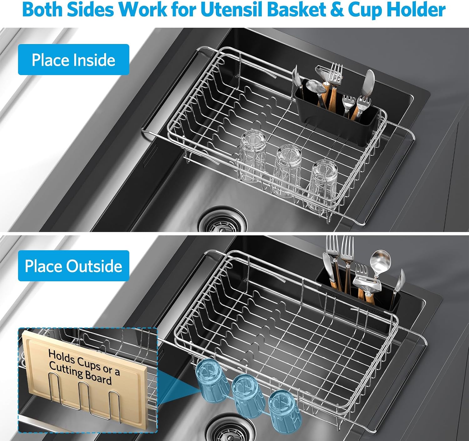 Delamu Over The Sink Dish Drying Rack for Small Kitchen | Expandable Stainless Steel in Sink Dish Drainer, Dish Rack for Kitchen Inside Sink with Utensil Holder, Rustproof, Small