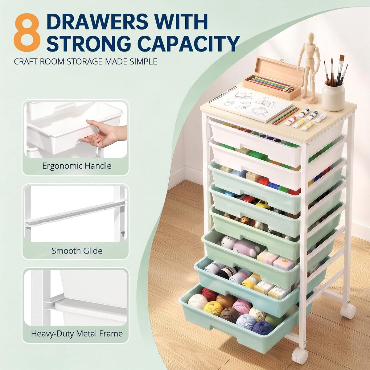 Delamu Rolling Storage Cart with 6/8 Drawers, Utility Craft Storage Cart | Storage Drawers Cart with Wooden Tabletop and Lockable Casters for Classroom Office Dorm Craft Art Supplie