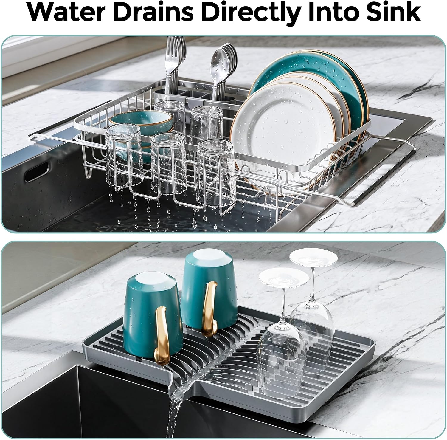 Delamu Over Sink Dish Drying Rack with Drainboard for Small Kitchen Counter