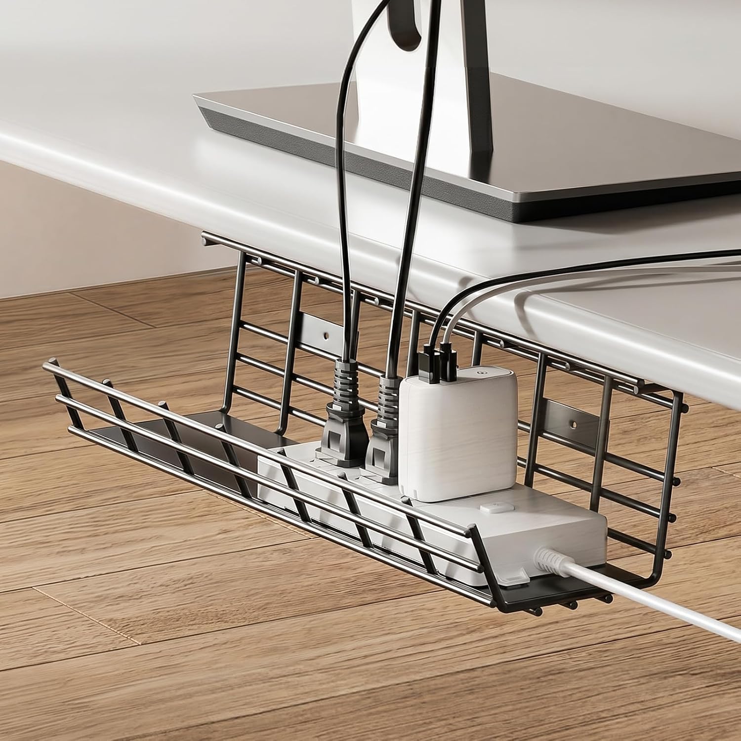 1 Pack DELAMU Under Desk Cable Management Tray, Large Metal Cord Organizer, Office & Home Cord Wire Management Under Desk Shelf, Easy Install Pre-drilled Cable Organizer, Black