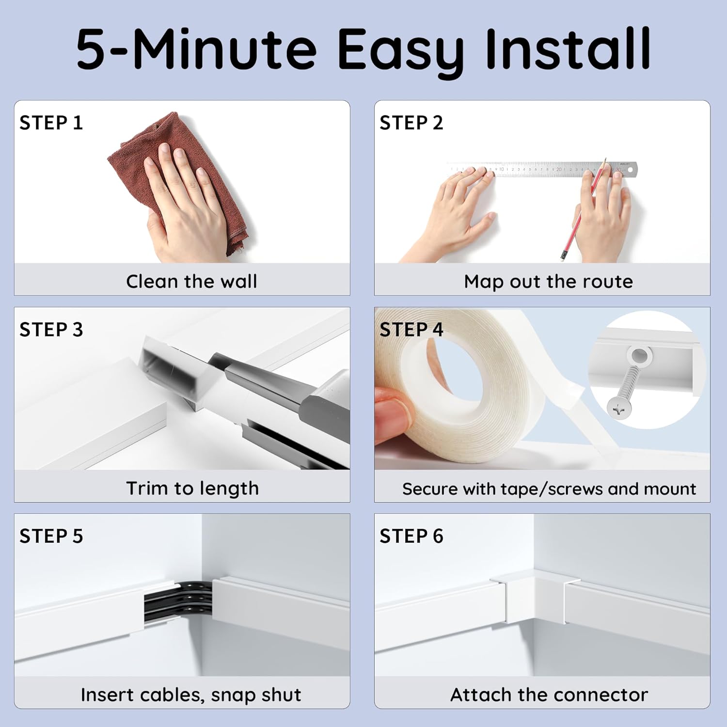 Delamu Cord Hider, 100in Self-Adhesive Cord Cover Kit for Wall Mounted TV, Paintable Wire Hider, Flexible Cable Management System, Cable Raceway Conceals 2-3 Wires, W0.95 H0.55in, White