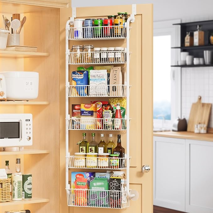Delamu Narrow Over The Door Pantry Organizer, 8-Tier Metal Pantry Door Organization and Storage for Easy Install, Hanging Spice Rack Shelves, Door Organizer for Kitchen, 4.65"D x 13"W x 65"H, White