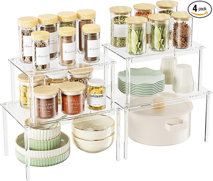 Delamu Cabinet Shelves, Clear Stackable Acrylic Storage Risers with Heavy Duty Support, Cabinet Organizer Shelf for Spices, Seasonings, Jars, Pantry, Kitchen Counter, Easy Assembly