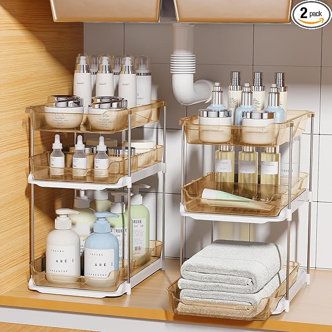 Delamu 2 Pack 3-Tier Bathroom Under Sink Organizers and Storage, Multi-Purpose Stackable Pantry Organization and Storage, Pull Out Clear Kitchen Bathroom Cabinet Organizer with Movable Dividers, Grey