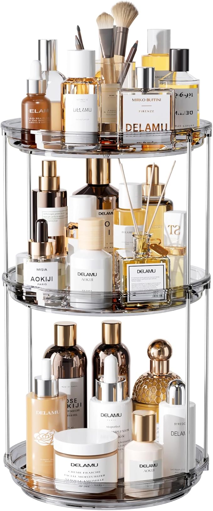 Delamu Rotating Makeup Organizer for Vanity, 2 Tier Skincare Organizer for Bathroom Counter, Spinning Perfume Organizer Cosmetic Holder with Large Capacity, Clear